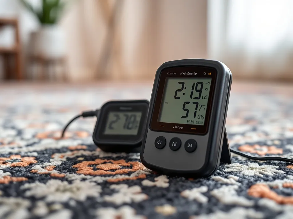 A professional digital hygrometer placed on a luxury rug, me