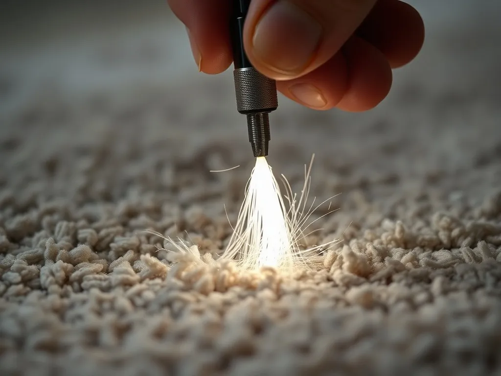 Close-up of a high-quality carpet fiber being inspected by a